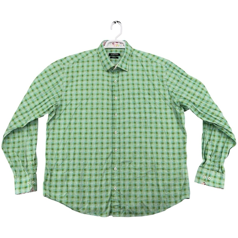 BUGATCHI Classic Fit Men's Green Plaid Button Front Long Sleeve Shirt XXL Cotton